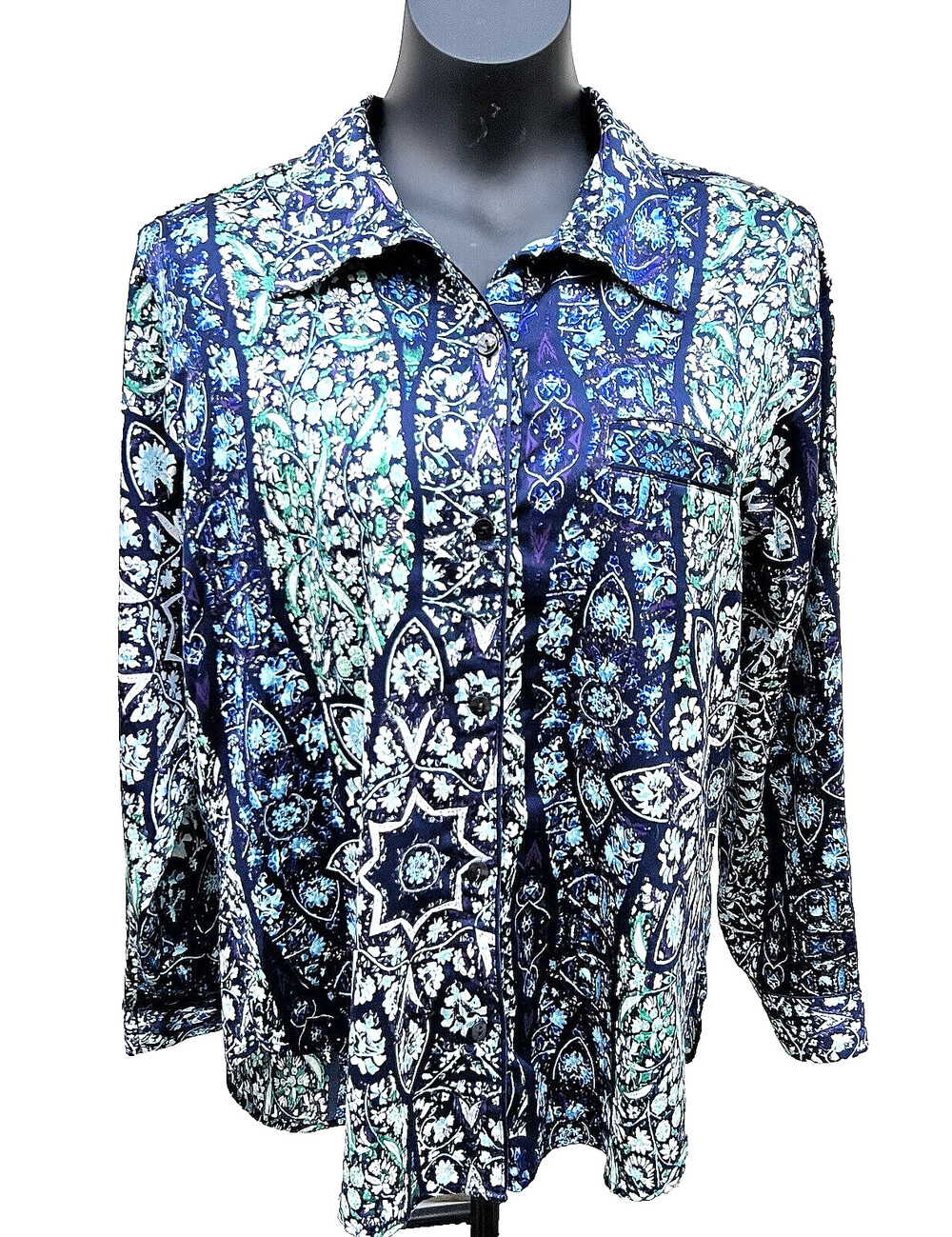 Victoria's Secret - Blue Green White Satin Button Up Sleep Pajama Shirt M - Picture 6 of 14